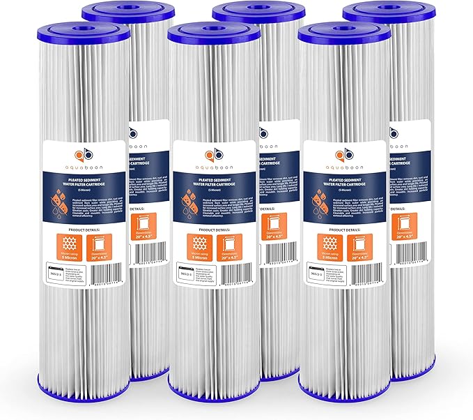 Aquaboon 5 Micron 20 x 4.5 Whole House Pleated Water Sediment Filter Replacement Water Filter Cartridge Compatible with ECP5-20BB, SPC-45-2005, 6-Pack
