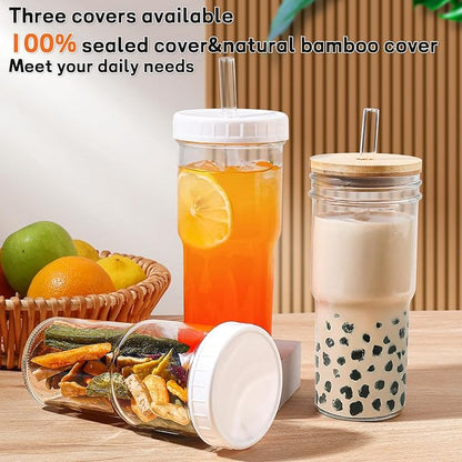 DWTS DANWEITESI Mason Jar with Lid and Straw,24 oz Iced Coffee Cup with Bamboo Lid and Straw,Boba Cups Smoothie Tumbler-Wide Mouth Reusable Glass Cups with Lid and Straws【4 Pack】