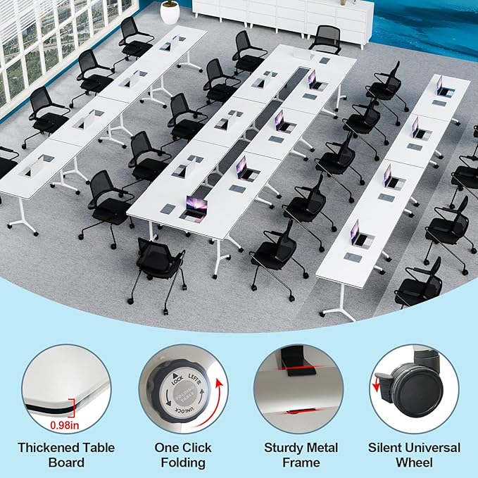 Conference Table Folding Conference Room Tables, Modern Mobile Meeting Training Table with Silent Wheels, Foldable Seminar Table for Offices, Classrooms, Libraries (10, White, 47.2in)