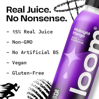 Midnight Mango Juice Drinks by Loom, Low Sugar Juice, Real Fruit, No Added Sugar, 30 Calories, Vegan, Gluten Free, 12 oz bottles, 12 pack