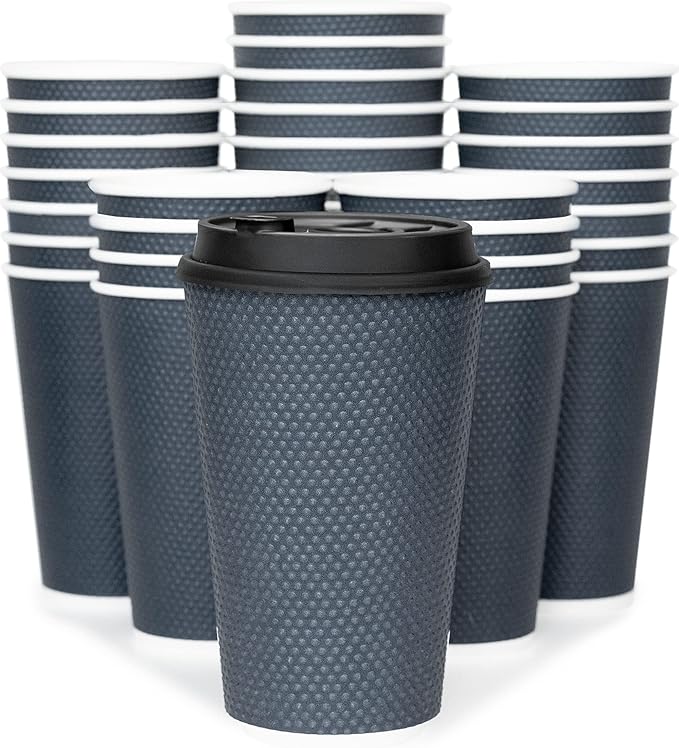 To Go Coffee Cups With Lids - 16 oz Disposable Coffee Cup With Lid (60 Set). Large Togo Travel Paper Hot Cups Insulated For Hot, Cold Beverage Drinks, No Sleeves Needed (Dusk Grey)