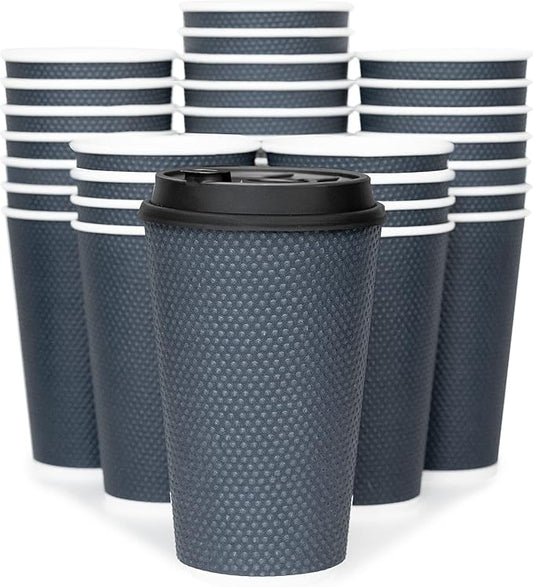 To Go Coffee Cups With Lids - 16 oz Disposable Coffee Cup With Lid (60 Set). Large Togo Travel Paper Hot Cups Insulated For Hot, Cold Beverage Drinks, No Sleeves Needed (Dusk Grey)