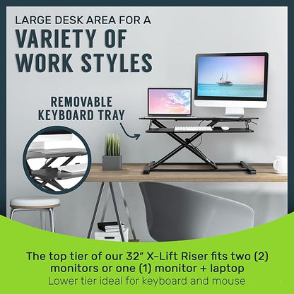 TechOrbits Standing Desk Converter - 32 Inch Adjustable Sit to Stand Up Workstation, Particle Board, Dual Monitor Desktop Riser with Keyboard Tray, for Home Office Laptop, Black 32"