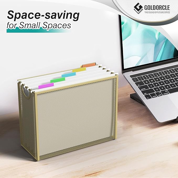 Hanging File Organizer, Letter-size File Holder Filing Box with 5 Hanging Folders, Metal Mesh Desk File Folder Storage(No Assembly Required)