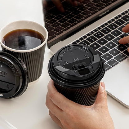 Fit Meal Prep 50 Pack 12 oz Black Disposable Coffee Cups with Lids & Stirrers, Corrugated Triple Wall To Go Hot Cups, Insulated Paper Coffee Cups for Hot Beverages, Travel, Home, Office (Black Lids)