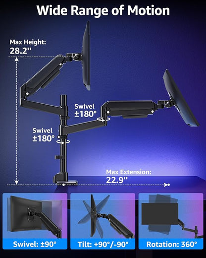 MOUNTUP Dual Monitor Stand Fits 49 45 42 40 39 34 32 Inch Screens, Heavy Duty Dual Monitor Arm Holds 4.4-44 lbs, Vertical Stacked Monitors Mount, Full Motion, Height Adjustable, VESA Mount