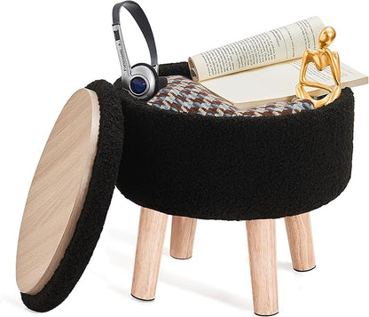 Poofzy Small Ottoman with Storage, Small Foot Stool Ottoman with Wood Legs, Sherpa Foot Rest for Couch, Living Room and Bedroom - Black