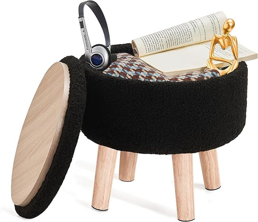 Poofzy Small Ottoman with Storage, Small Foot Stool Ottoman with Wood Legs, Sherpa Foot Rest for Couch, Living Room and Bedroom - Black