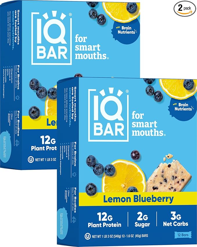 IQBAR Brain and Body Plant Protein Bars - Lemon Blueberry - 24-Count Low Carb - Gluten Free, High Fiber, Vegan Snacks - Low Sugar Meal Replacement