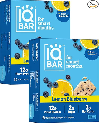 IQBAR Brain and Body Plant Protein Bars - Lemon Blueberry - 24-Count Low Carb - Gluten Free, High Fiber, Vegan Snacks - Low Sugar Meal Replacement
