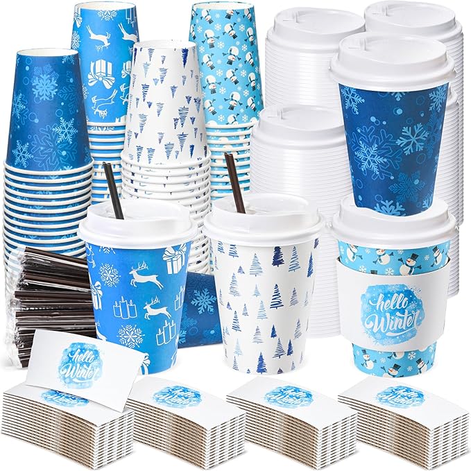 Lallisa 100 Sets Christmas Disposable Coffee Paper Cups Bulk with Lids Sleeves & Straws, 12 oz Xmas Blue and White Snowflakes Coffee Cups for Hot Cold Cocoa Tea Holiday Party Supplies
