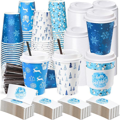 Lallisa 100 Sets Christmas Disposable Coffee Paper Cups Bulk with Lids Sleeves & Straws, 12 oz Xmas Blue and White Snowflakes Coffee Cups for Hot Cold Cocoa Tea Holiday Party Supplies
