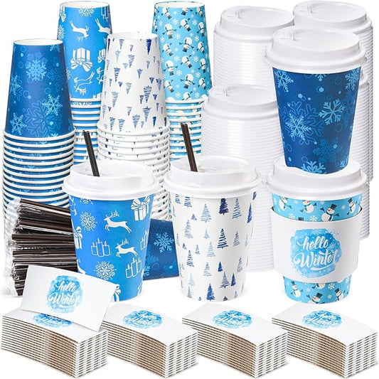 Lallisa 100 Sets Christmas Disposable Coffee Paper Cups Bulk with Lids Sleeves & Straws, 12 oz Xmas Blue and White Snowflakes Coffee Cups for Hot Cold Cocoa Tea Holiday Party Supplies