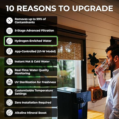 RKIN U1 Hot & Cold Alkaline Countertop Reverse Osmosis Water Filter System - 4-in-1 Pre-Assembled Space Saving Hydrogen Enriched Water Dispenser with TDS & Filter Lifespan Monitor