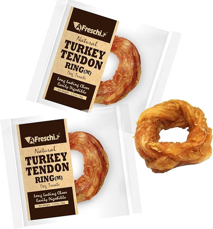 AFreschi Turkey Tendons for Dogs, USA-Sourced, Healthy Dog Treats, Rawhide-Free Puppy Chews, Long Lasting, All Natural, Hypoallergenic Dog Treats for Medium Breeds, 2 Count Pack Ring (M)