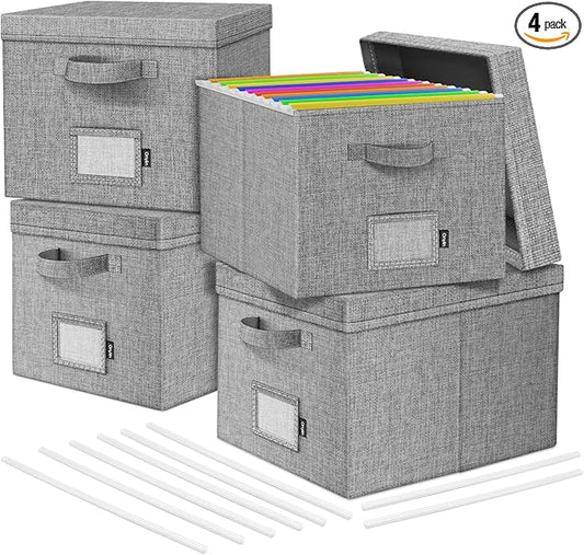 File Organizer Boxes with Lid, Linen Hanging File Storage Boxes with Handle, Collapsible Document Filling Boxes for Letter/Legal Folder, Portable File Box for Office/Decor/Home (4 Pack, Gery)