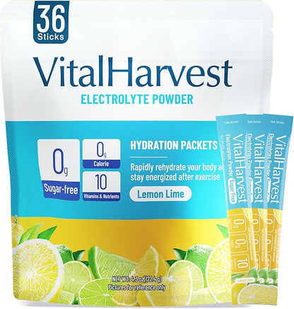 VitalHarvest 36 Sticks Electrolytes Powder Packets Sugar Free Hydration Packets Electrolyte Liquid Daily IV Drink Mix with Lemon Lime, Low Sodium, 0 Calorie