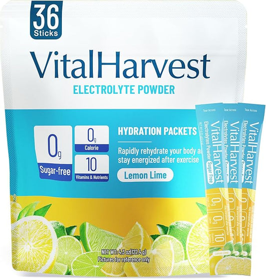 VitalHarvest 36 Sticks Electrolytes Powder Packets Sugar Free Hydration Packets Electrolyte Liquid Daily IV Drink Mix with Lemon Lime, Low Sodium, 0 Calorie