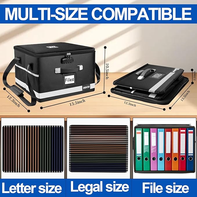2 Pack Fireproof File Box with Stay-Open Straps, Fireproof Document Box with Lock, Portable File Organizer Filing Cabinet with Handles for Hanging Letter/Legal Folder, 15.5" x 12.3" x 10.5"