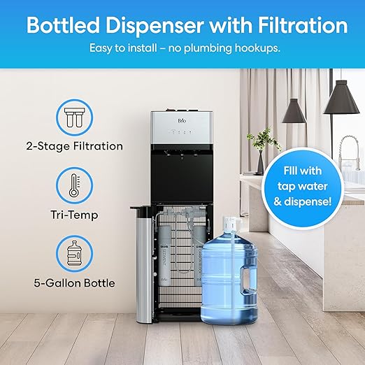 Brio 520 Bottom Load Water Cooler Dispenser for 5 Gallon Bottle w/ 2 Stage Filter | Hot Cold & Room Temp Water Options for Home & Office | Removes Chlorine, VOC's, Bad Taste & Chemicals