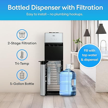 Brio 520 Bottom Load Water Cooler Dispenser for 5 Gallon Bottle w/ 2 Stage Filter | Hot Cold & Room Temp Water Options for Home & Office | Removes Chlorine, VOC's, Bad Taste & Chemicals