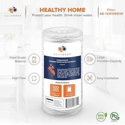 Aquaboon 1 Micron String Wound Water Filter 10x4.5 Replacement - Whole House Water Filter Cartridge Compatible with WP5BB97P,WP10BB97P, AP810, 4-Pack