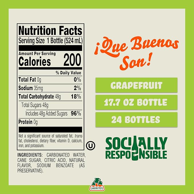Jarritos - Mexican Soda Soft Drinks, Grapefruit (17.7 oz, 524ml) 24 Bottles - Made with Real Cane Sugar - 0g Fat - Made in Mexico - Natural Flavor Soda Pop - Party & BBQ Beverages