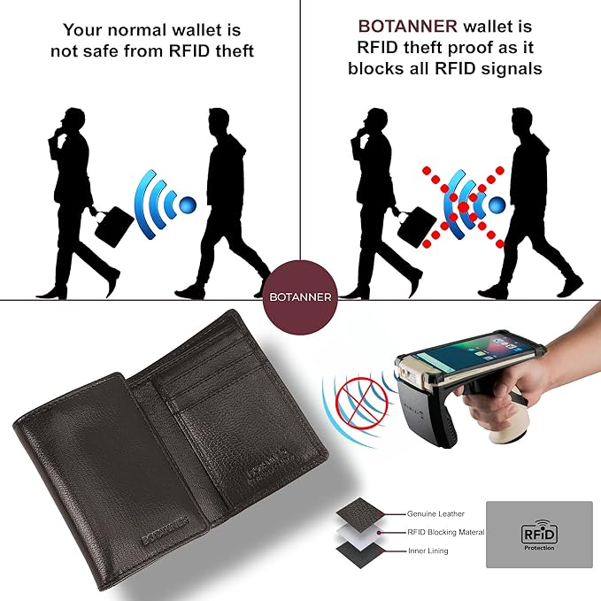 Genuine Leather Mens Trifold Wallet RFID Blocking 6 Credit Card Slots 1 ID Window Section for Bills 2 Hidden Pockets | Ink Black