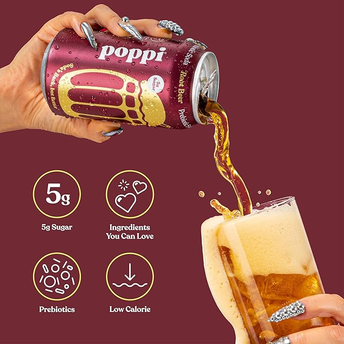 Poppi Sparkling Prebiotic Soda Beverage with Apple Cider Vinegar, Seltzer Water and Fruit Juice, Root Beer Flavor, 12 Fl Oz, Pack of 12, Packaging May Vary