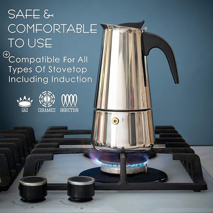 Mixpresso 6 Cup Greca Stovetop Espresso Pot 300ml/10oz, Moka Pot with Coffee Percolator Design, Stainless Steel Stove Top Coffee Maker for Camping or Home Use,Italian Stovetop Espresso Maker