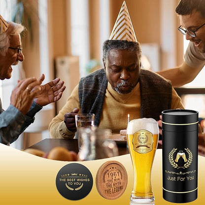 65th Birthday Beer Glasses Gifts, Personalized '1961' Vintage Glass Ware Set for Men, Black Gift Package with Drinking Glass, Coaster, and Card for 65 Years Old Man