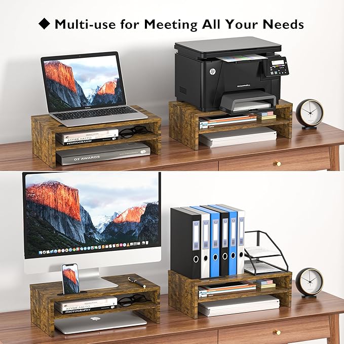 BONTEC Wooden Monitor Stand Riser, 2-Tier Desk Shelf with Storage Organizer, Ergonomic Computer Stand with Cable Management, Cellphone Holder, Vintage Brown, 16.5 Inch