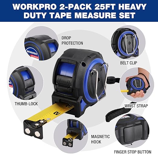 WORKPRO 16FT Tape Measure, 2Pcs Heavy Duty Retractable Tape Measurement, Long Stand Measuring Tape Accuracy 1/32 for Engineer, with Magnetic Hook, Belt Clip, Rubber Protective, Thumb Lock, Finger Stop