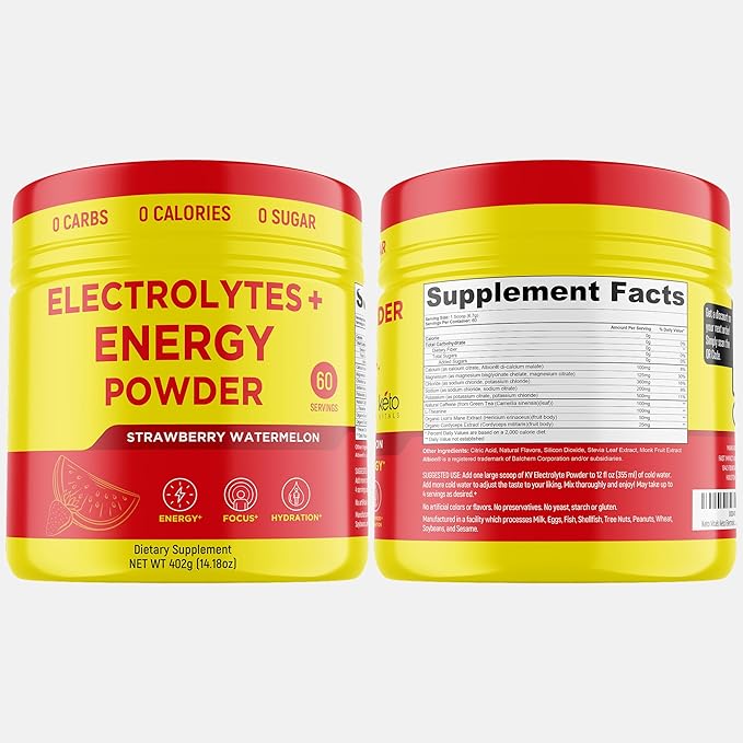 Keto Vitals Energy Powder + Electrolytes with 100mg Natural Caffeine, L Theanine & Organic Lion's Mane Extract - 60 Servings Energy Drink Powder for Workouts - Sugar Free Electrolytes
