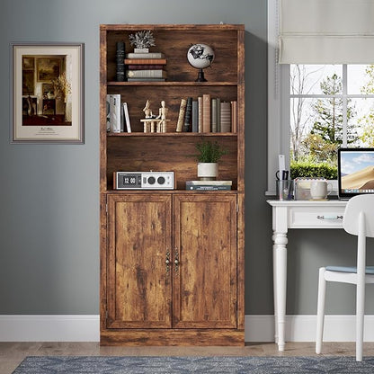 71.4" Tall Bookshelf with Cabinet, 5-Tier Floor Standing Bookcase with Doors & Adjustable Shelves, 31.5" Wide Storage Shelf, Metal Handles, Modern Organizer for Home Office, Living Room