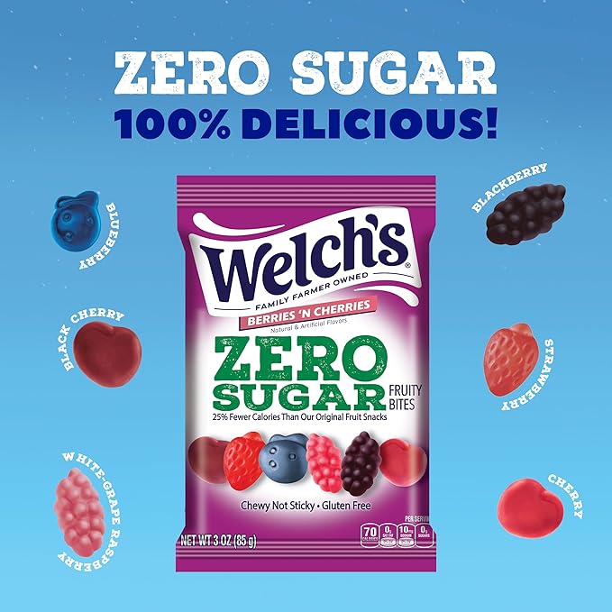 Welch's Zero Sugar Fruity Bites, Berries 'n Cherries Snack Pack, Gluten Free & Sugar Free Snacks, 3oz Snack Pack (Pack of 1)