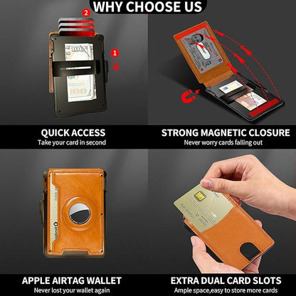 Compatible with Air Tag Wallet for Men, RFID Blocking Slim Minimalist Bifold Wallet with Pop Up Aluminum Card Case, Leather Credit Card Holder with Money Clip & ID Window, Holds 9–12 Cards, (brown)