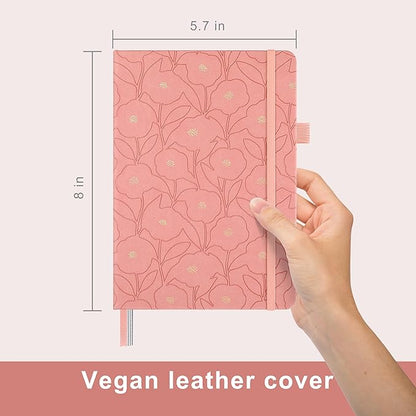 A5 Leather Hardcover, 160 Pages 100GSM Thick Dotted Paper, 3 Sheets of Stickers Included(Peach Pink)
