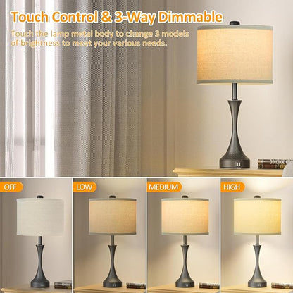 26" Black Touch Table Lamps for Living Room, Modern Farmhouse Touch Lamps for Night Stands Set of 2 with USB Ports, 3 Way Dimmable Bedside Lamps for Bedroom Side Table