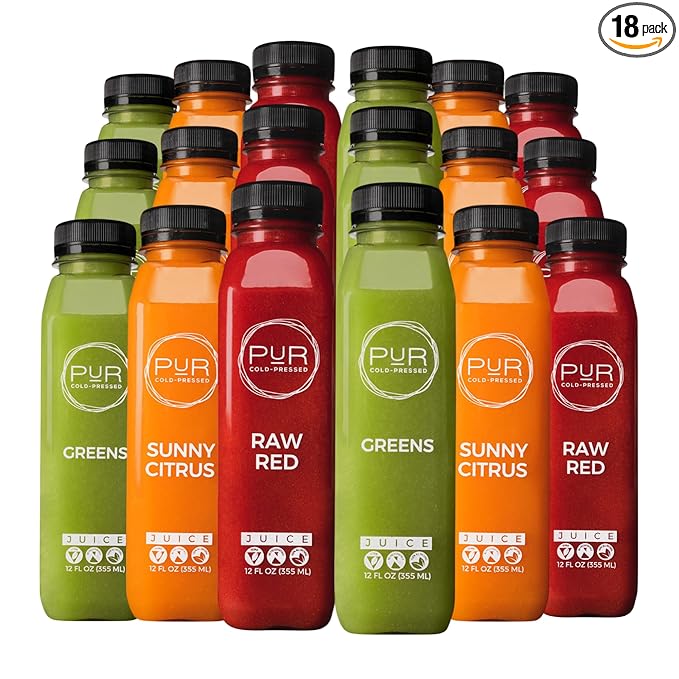 PUR Cold-Pressed Daily Juice Kit – 18-Pack | Multivitamin Greens, Sunny Citrus & Raw Red Blends | 12oz Bottles | Nutrient-Rich, All-Natural, No Preservatives -12 Fl Oz (Pack of 18)