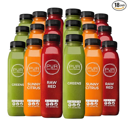 PUR Cold-Pressed Daily Juice Kit – 18-Pack | Multivitamin Greens, Sunny Citrus & Raw Red Blends | 12oz Bottles | Nutrient-Rich, All-Natural, No Preservatives -12 Fl Oz (Pack of 18)