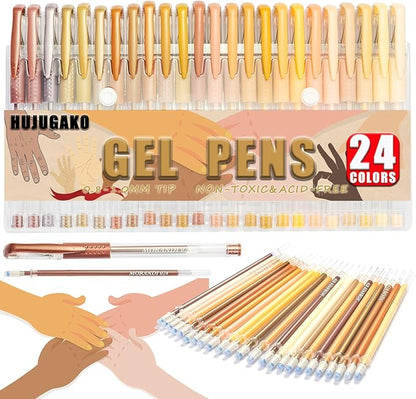 48 Pack Skin Tone Gel Pens, 24 Colored Gel Pen with 24 Refills,40% More Ink Write Smooth for Kids Adults Coloring Books Drawing Doodling Scrapbooks Bullet Journaling