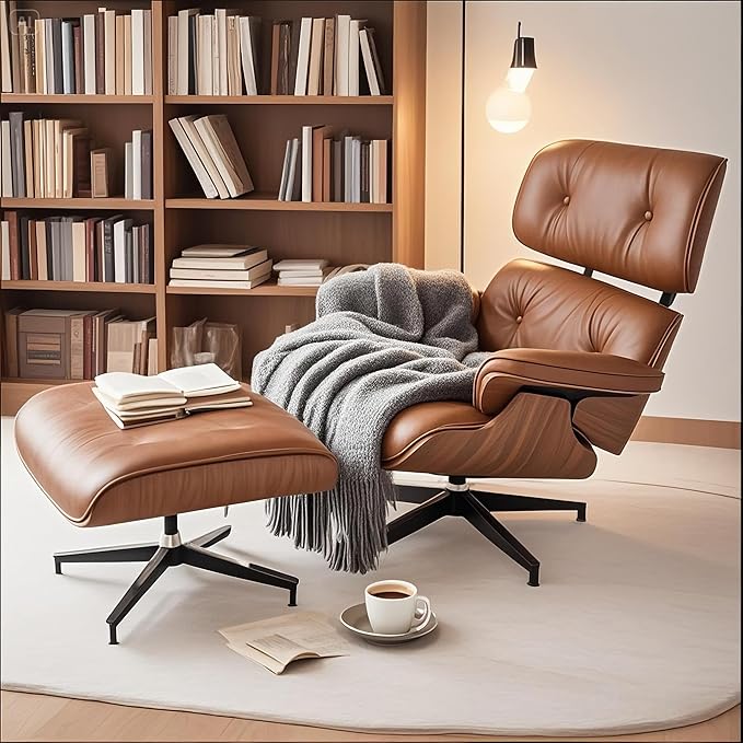 Mid Century Chaise Lounge Chair with Ottoman, Top Black Grain Leather, Modern Office Chair Classic Design, Heavy Duty Base Support for Living Room Study Lounge Office