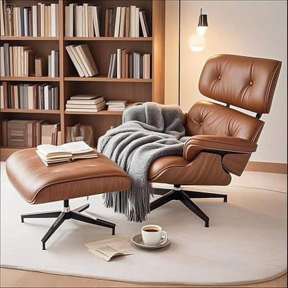 Mid Century Chaise Lounge Chair with Ottoman, Top Black Grain Leather, Modern Office Chair Classic Design, Heavy Duty Base Support for Living Room Study Lounge Office