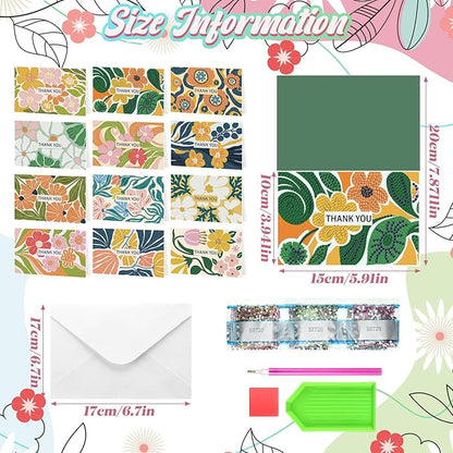 Saillong 12 Pack Flower Thank You Diamond Painting Greeting Card Kits DIY Spring Diamond Art Cards with Envelopes Floral 5D Rhinestones Painting Making Kits for Adults DIY Craft Family Birthday Gifts