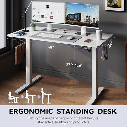 Electric Standing Desk 48"x24" Adjustable Height Stand Up Desk with Lockable Wheels Ergonomic Sit Stand Desk for for Work Office Home Computer Workstation (White)