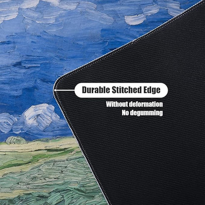 XL Van Gogh Mouse Pad, Large Oil Painting Field Gaming Mouse Mat, 31.5" x 11.8" Desk Mat with Non-Slip Base and Stitched Edge for Home Office Gamer