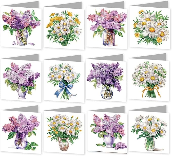 jinglinhh 12pcs Diamond Art Painting Lavender Daisy Flower Bouquet Greeting Cards with Envelopes, DIY Card Making Kits for Adults, Diamond Art Postcards Christmas Cards Craft Gifts