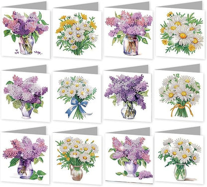 jinglinhh 12pcs Diamond Art Painting Lavender Daisy Flower Bouquet Greeting Cards with Envelopes, DIY Card Making Kits for Adults, Diamond Art Postcards Christmas Cards Craft Gifts