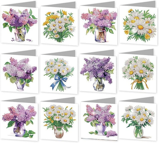jinglinhh 12pcs Diamond Art Painting Lavender Daisy Flower Bouquet Greeting Cards with Envelopes, DIY Card Making Kits for Adults, Diamond Art Postcards Christmas Cards Craft Gifts